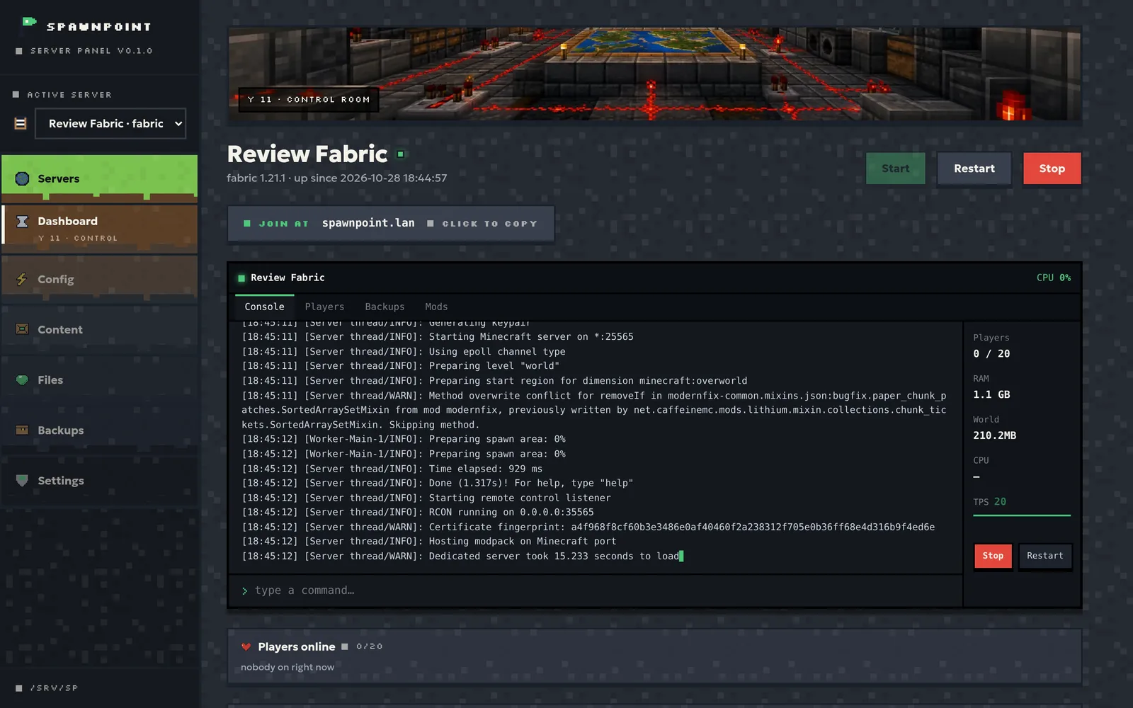 The Spawnpoint dashboard for a running Fabric server: live console, TPS and RAM meters, and a copyable join address.